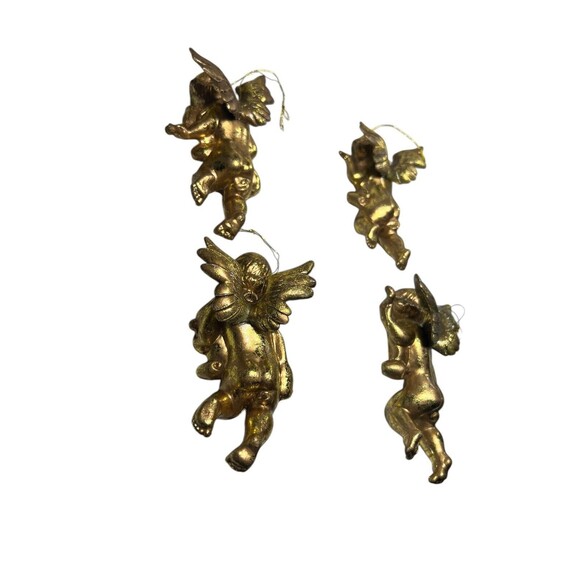Gold Tone Cherub Angel Christmas Ornaments Set Of 4 Vintage 4 1/4” Tall - Picture 9 of 9
